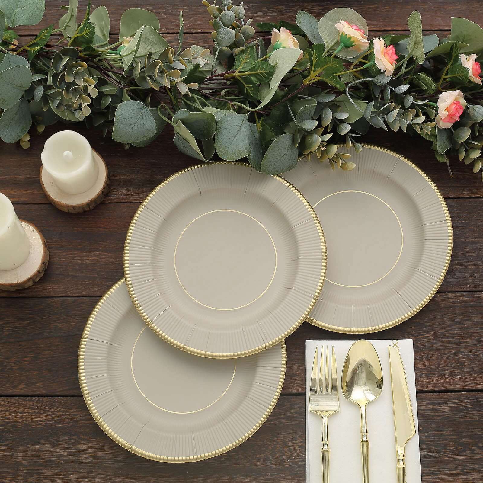 25-Pack Paper 8" Round Dessert Plates in Taupe Sunray Design with Gold Rim - Disposable Heavy Duty 350GSM Appetizer Salad Plates