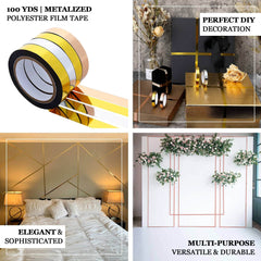 100 Yds 3/8" Rose Gold Metallic Film Tape Adhesive, DIY Floral Wrap Craft Decor Tape - Polyester with Acrylic