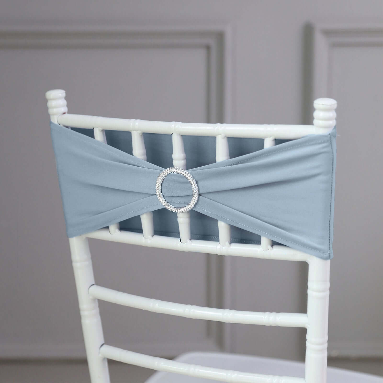 5 Pack Stretch Spandex Chair Sashes Dusty Blue - Reusable Chair Bands with Silver Diamond Ring Slide Buckle 5"x14"