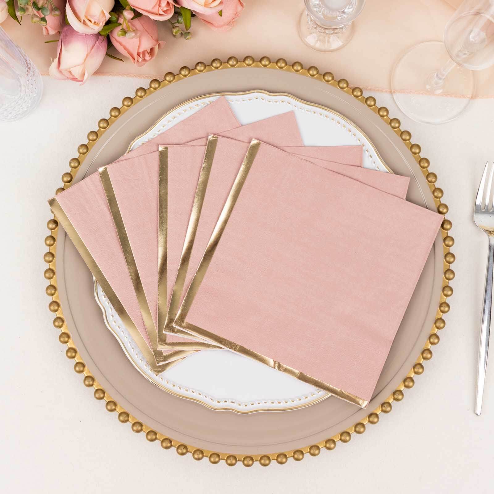 50-Pack Paper Beverage Napkins with Gold Foil Edge Dusty Rose - Disposable 2 Ply Cocktail Napkins for Events 6.5"x6.5"
