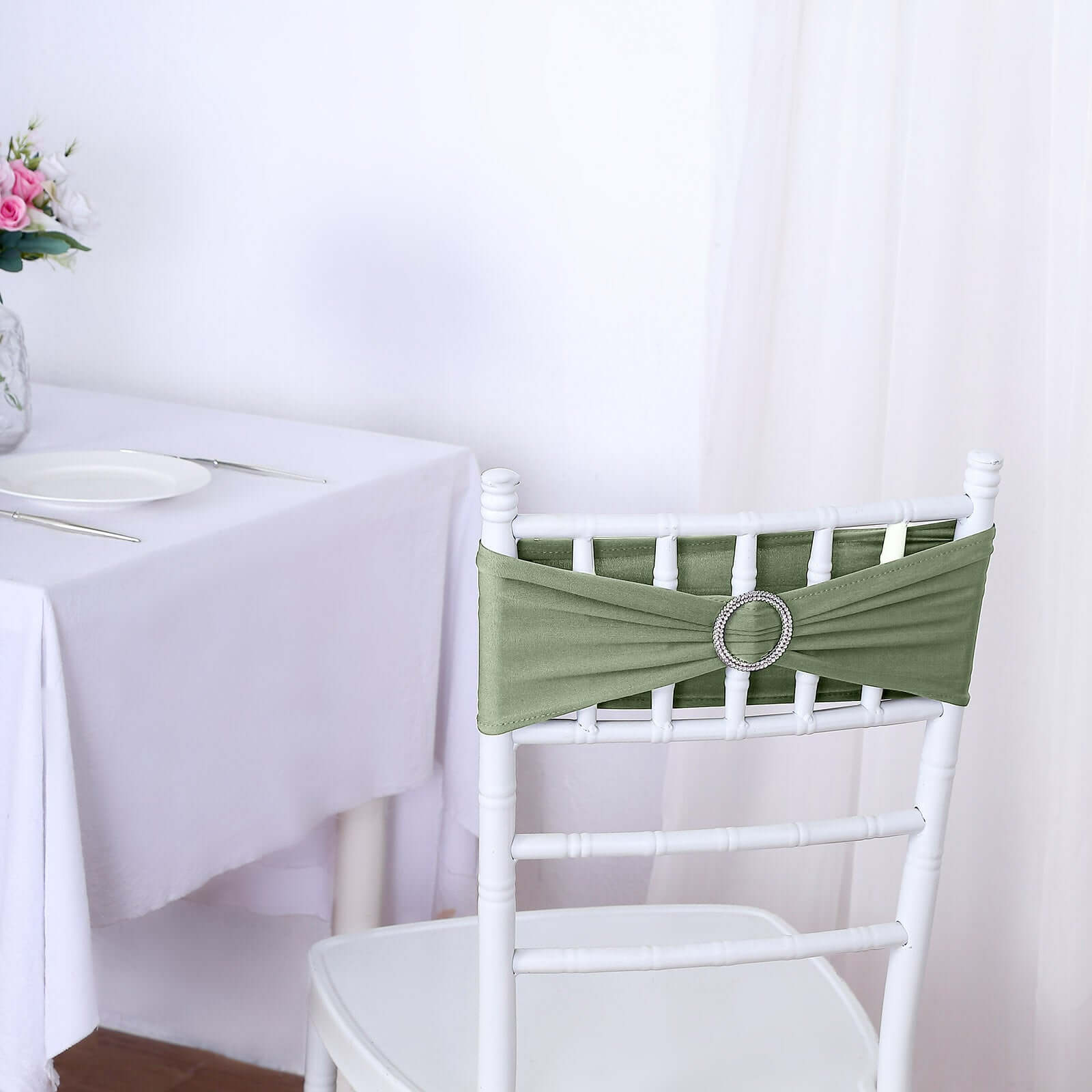 5 Pack Stretch Spandex Chair Sashes Dusty Sage Green - Reusable Chair Bands with Silver Diamond Ring Slide Buckle 5"x14"