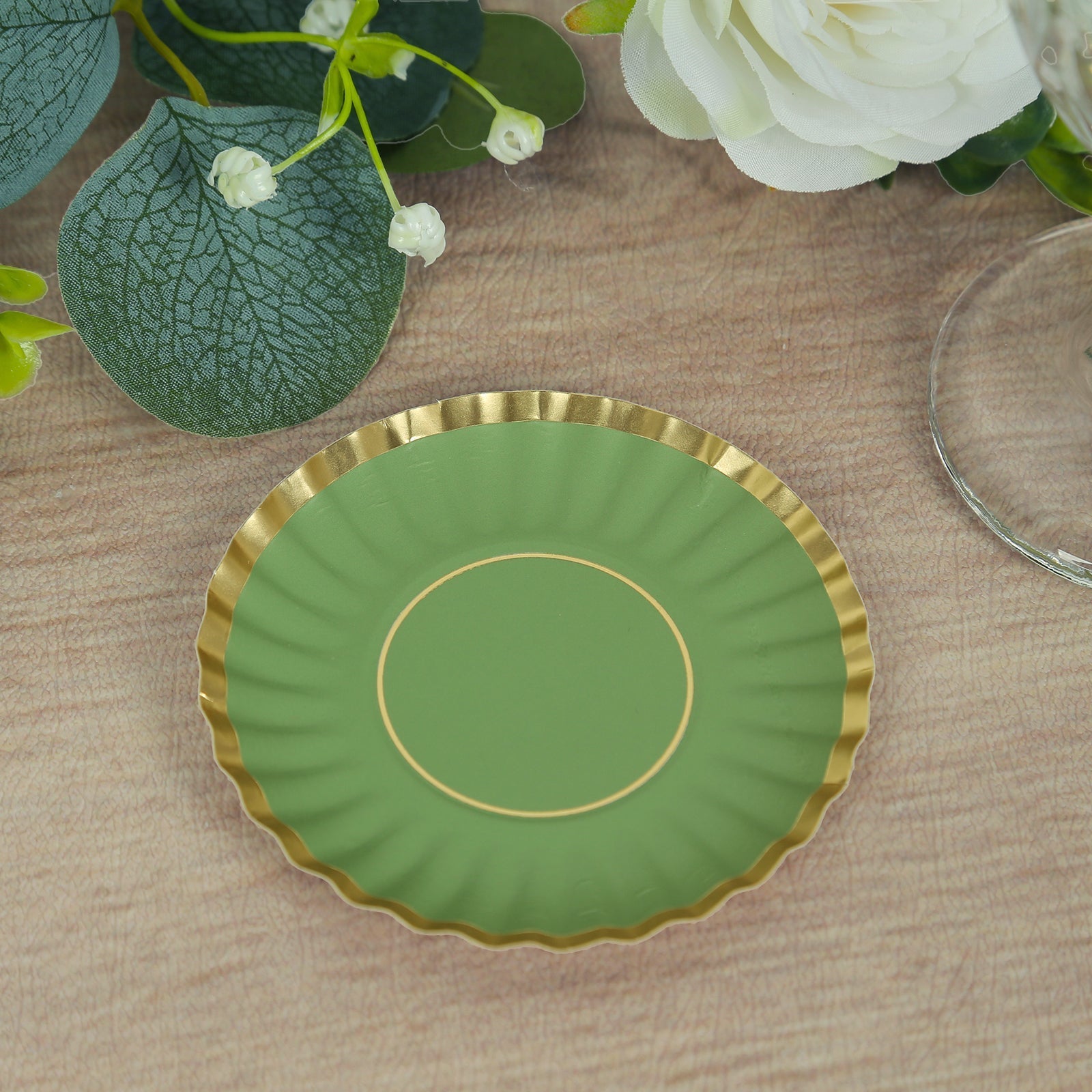 50-Pack Paper 3.5" Round Party Plates in Dusty Sage Green with Gold Scalloped Rim for Tapas, Appetizers & Finger Foods