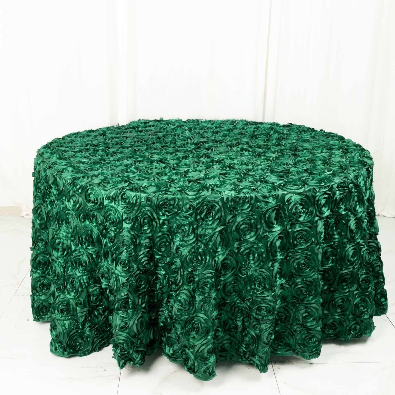 Satin 120" Round Tablecloth Hunter Emerald Green - Grandiose 3D Rosette with Seamless Finish Table Cover