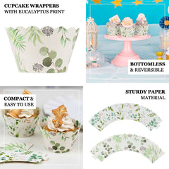 25-Pack Paper Cupcake Wrappers Eucalyptus Leaves Print White Green - Round Muffin Truffle Cup Liners 3"
