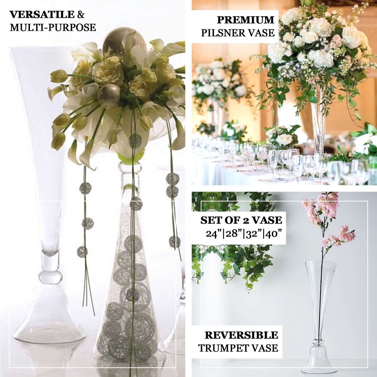 Set of 2 Glass Trumpet Vases Reversible Clarinet Design Clear - Stylish Flower Centerpieces for Events 24"