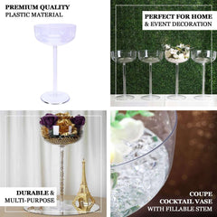 4-Pack Plastic Flower Vases Champagne Glass Design Clear - Fillable Long Stem Centerpieces for Events 18"