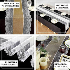 Faux Burlap Jute 16"x108" Table Runner White With Lace Edging - Rustic Farmhouse Table Linen