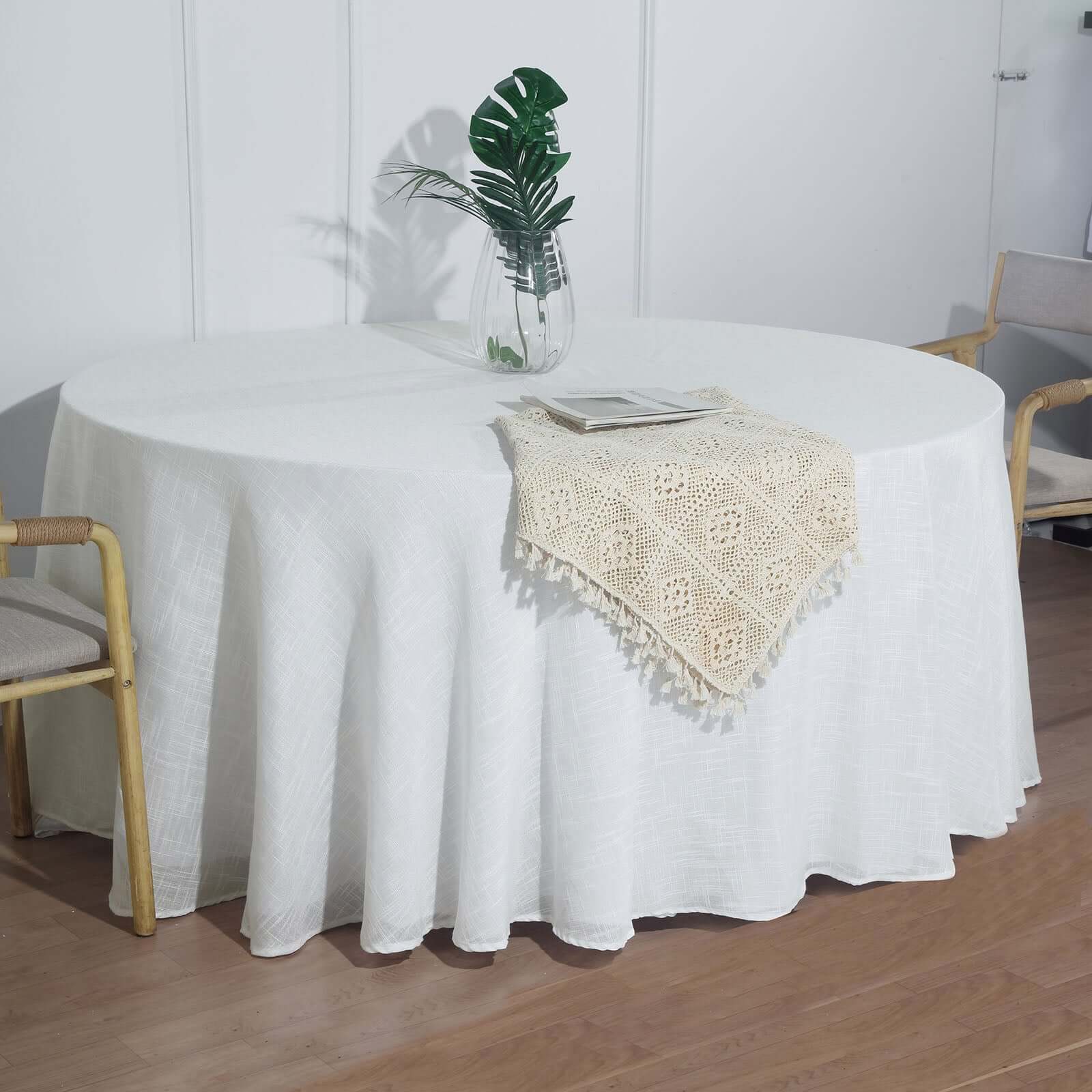 Faux Linen 120" Round Tablecloth White - Modern Slubby Texture with Wrinkle-Resistant Appeal Seamless Table Cover