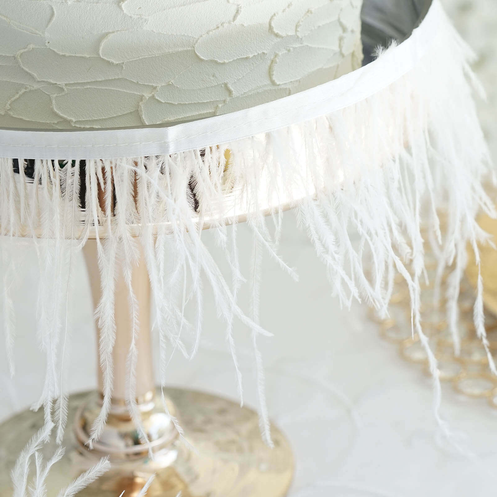 39" White Real Ostrich Feather Fringe Trim With Satin Ribbon Tape