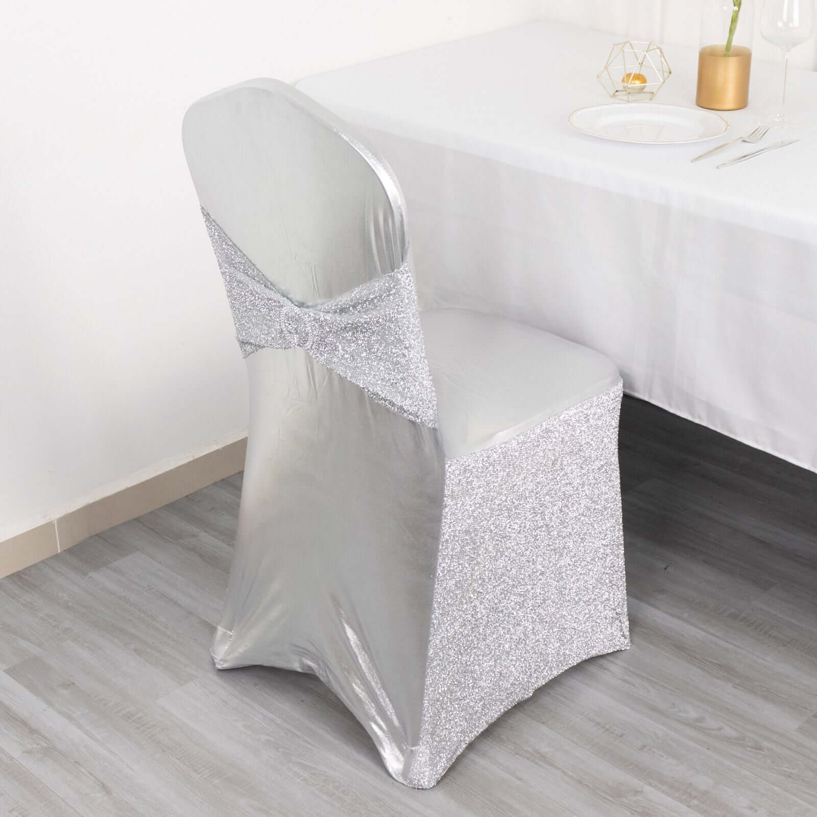 Spandex Banquet Chair Cover Metallic Silver Tinsel with Sash and Rhinestone Buckle - Shimmering Fitted Slipcover