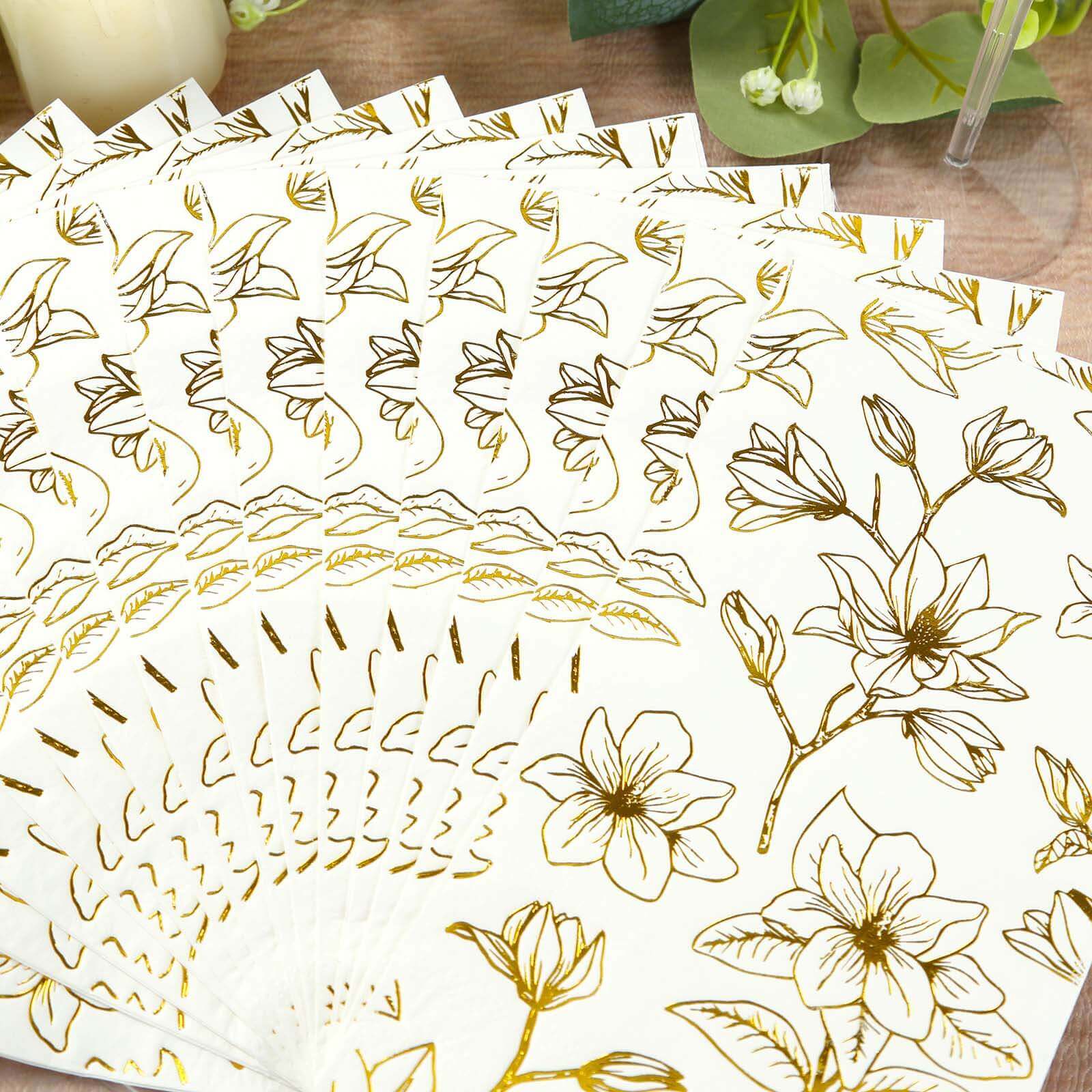 50-Pack Paper Dinner Napkins White with Gold Magnolia Flowers Print 2-Ply - Disposable Soft Napkins for Parties