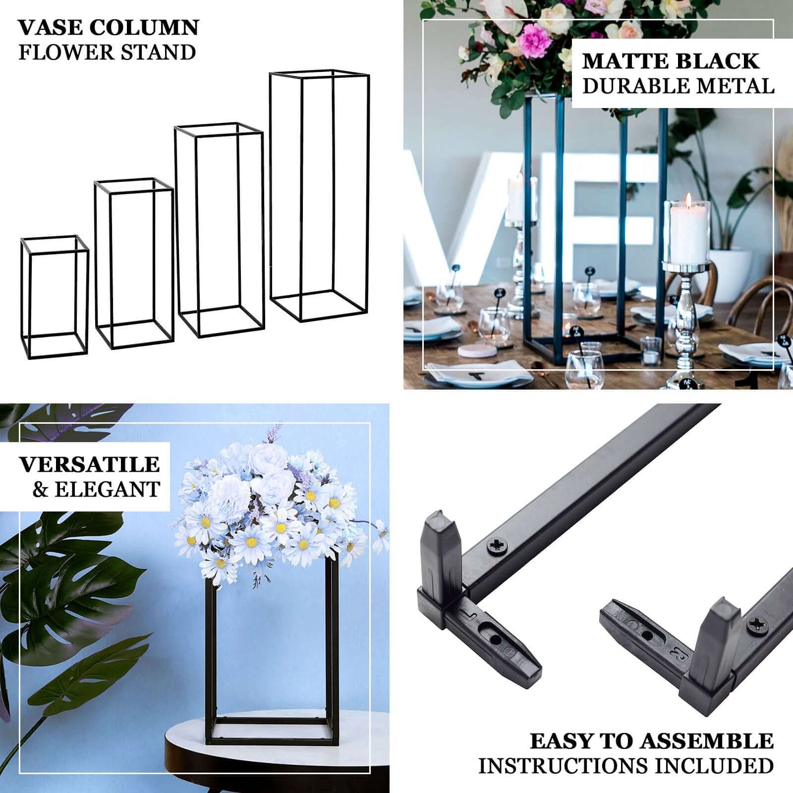 Set of 4 Metal Flower Stands Frame Wedding Column Centerpieces Matte Black - Durable Display 16"/24"/32"/40"