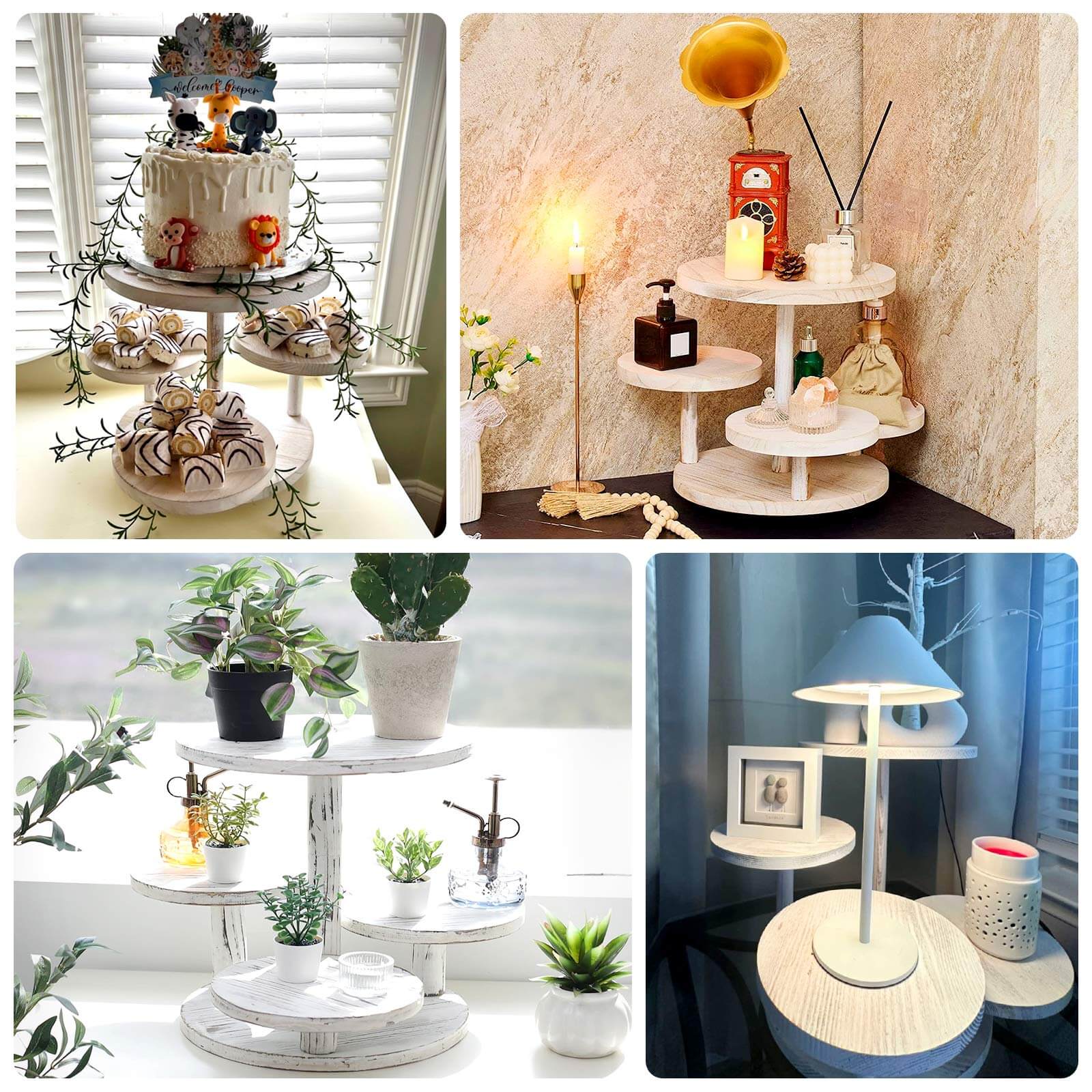 4-Tier Wooden Cake Stand Whitewash with Round Tiered Trays - Rustic Cupcake Tower Dessert Display 14" Tall