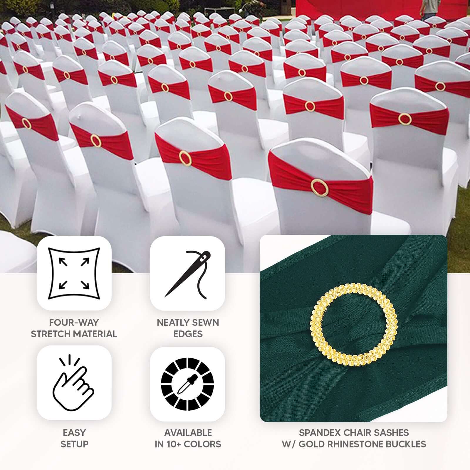 5 Pack Spandex Chair Sashes Gold with Gold Rhinestone Buckles - Reusable Four-Way Stretch Sash Bands for Classy & Effortless Wedding & Party Decor 5"x14"