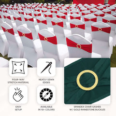 5 Pack Spandex Chair Sashes Gold with Gold Rhinestone Buckles - Reusable Four-Way Stretch Sash Bands for Classy & Effortless Wedding & Party Decor 5"x14"