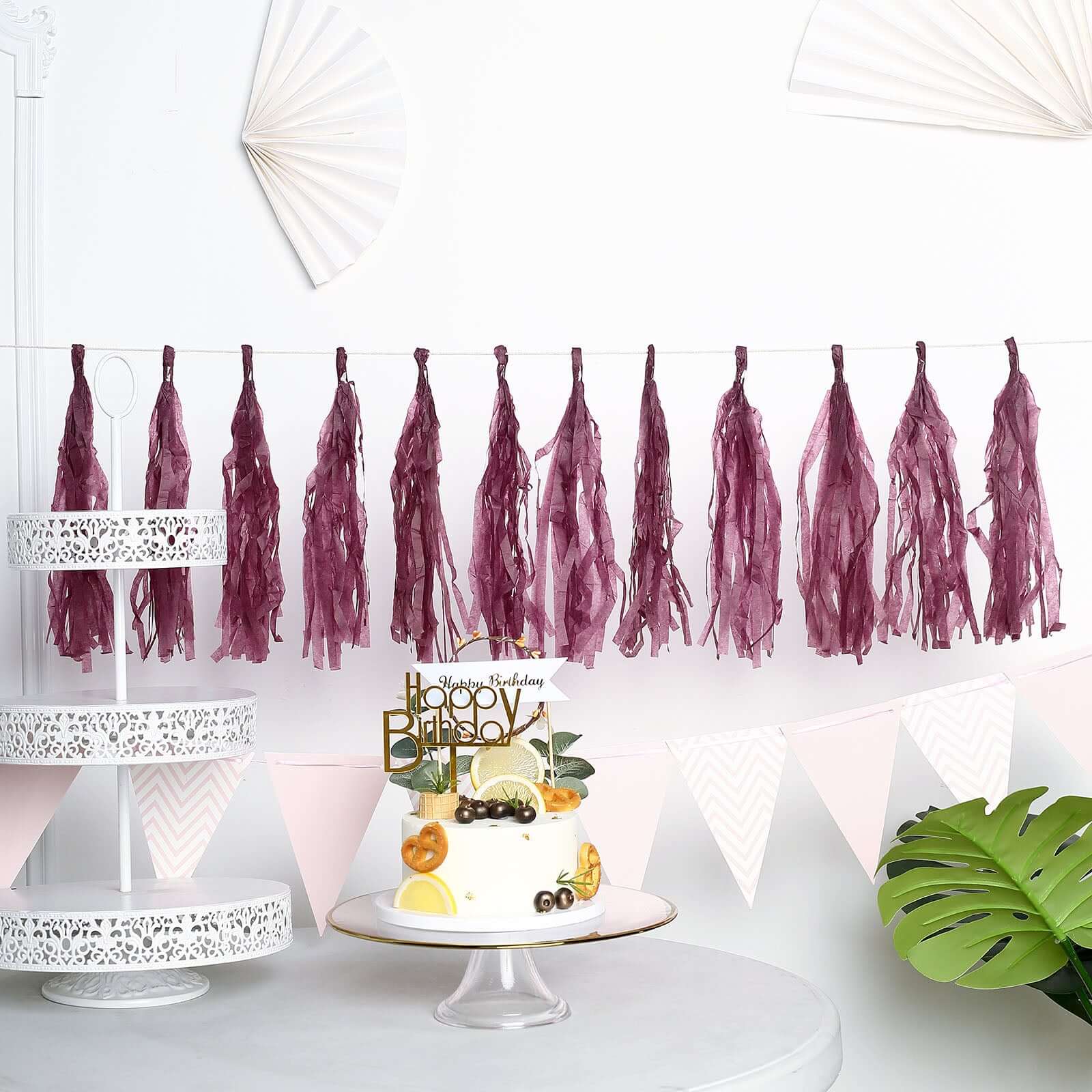 12 Pack Pre-Tied Eggplant Tissue Paper Tassel Garland With String, Hanging Fringe Party Streamer Backdrop Decor