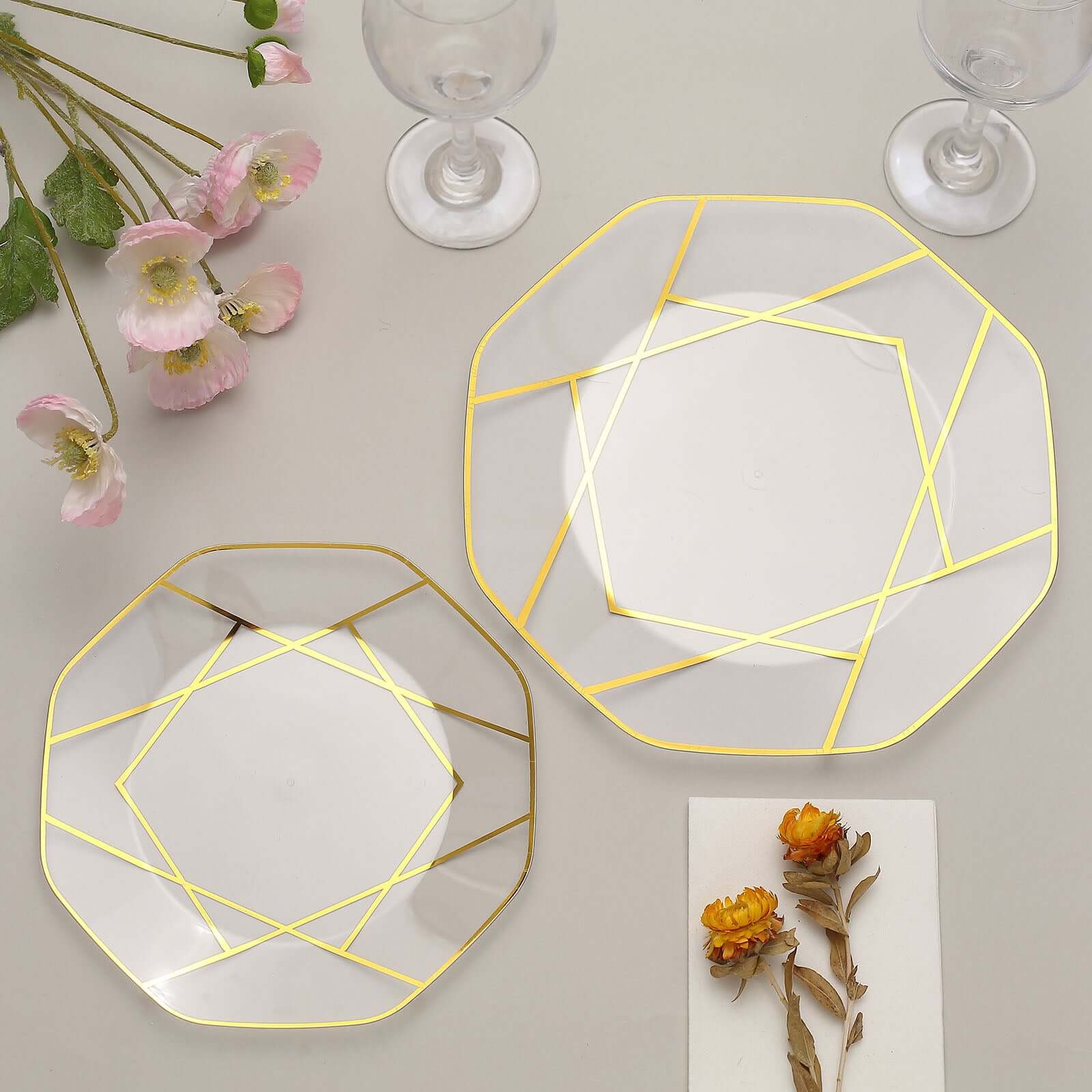10-Pack Plastic 8" Octagon Dessert Plates in Clear - Modern Disposable Salad/Appetizer Plates with Gold Geometric Design for Special Occasions & Celebrations