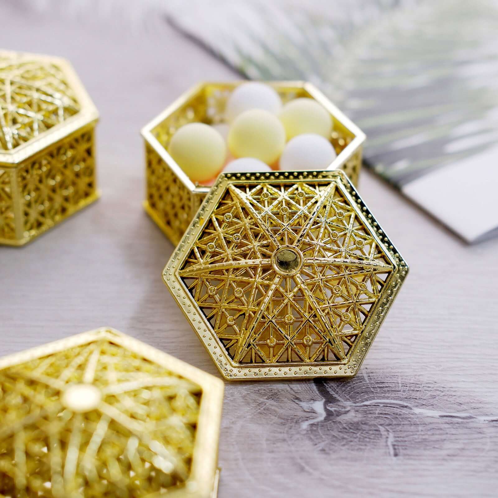 12-Pack Vintage Hexagon Gift Box Candy Containers Gold - Stylish Hollow Favor Boxes for Jewelry 3"