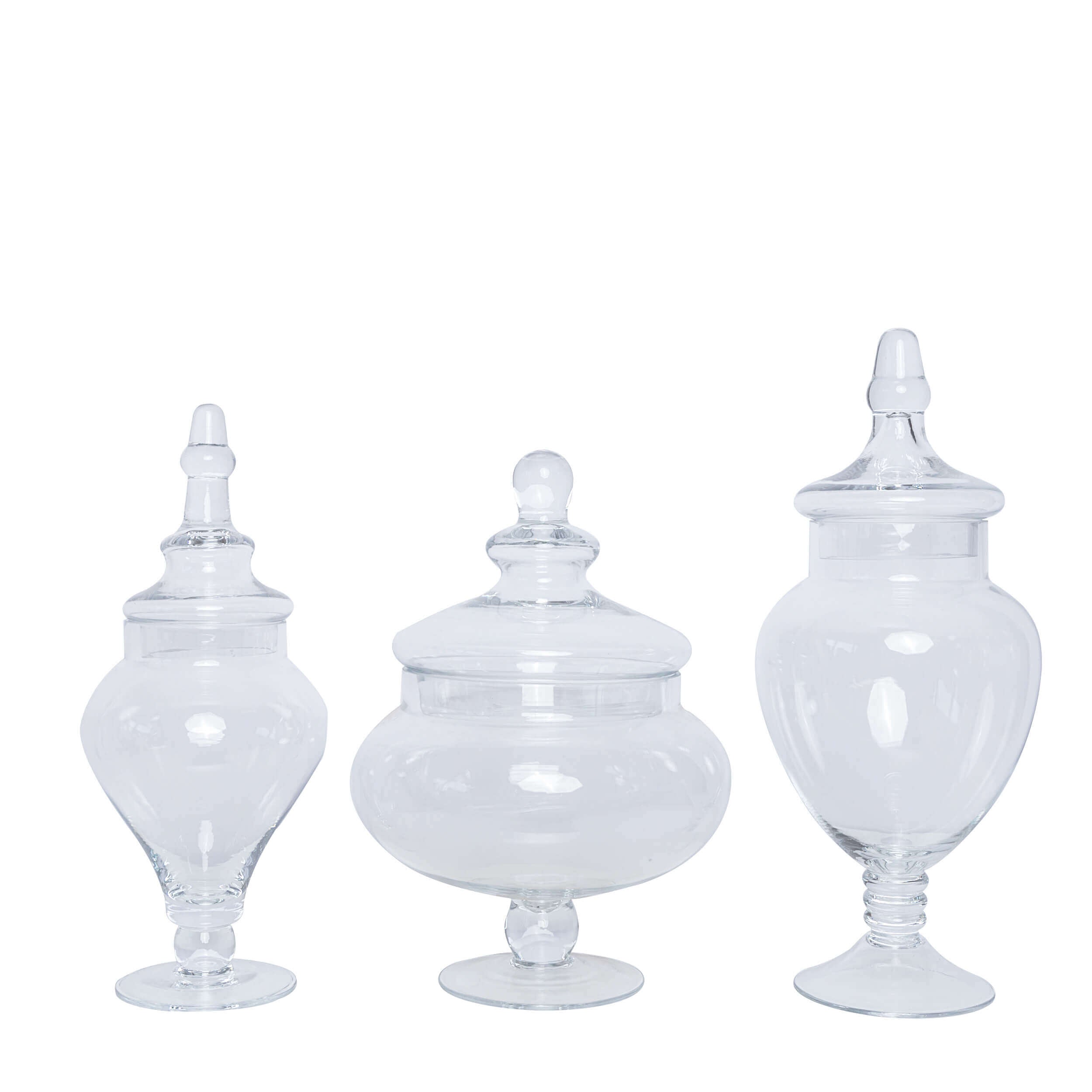 Set of 3 Glass Candy Jars Pedestal Apothecary Design Clear with Snap-On Lids - Stylish Party Favor Containers 10"/12"/14"