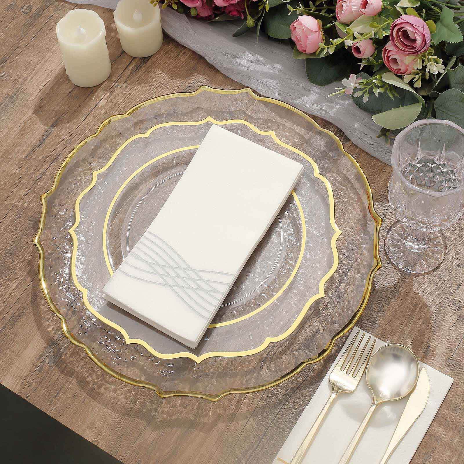 8-Pack Glass Round Charger Plates 13" in Clear with Gold Sunflower Scalloped Rim, Decorative Dinner Chargers