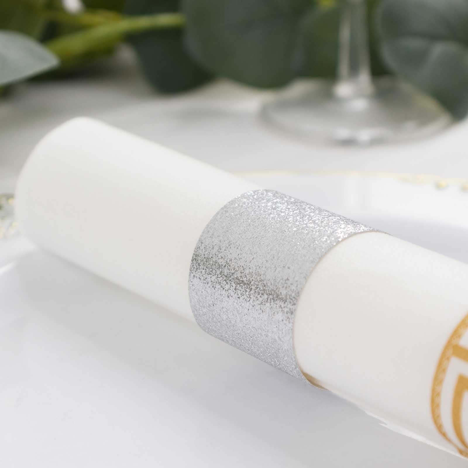 50-Pack Paper Napkin Rings Silver Glitter - Stylish Disposable Napkin Holders 1.5"