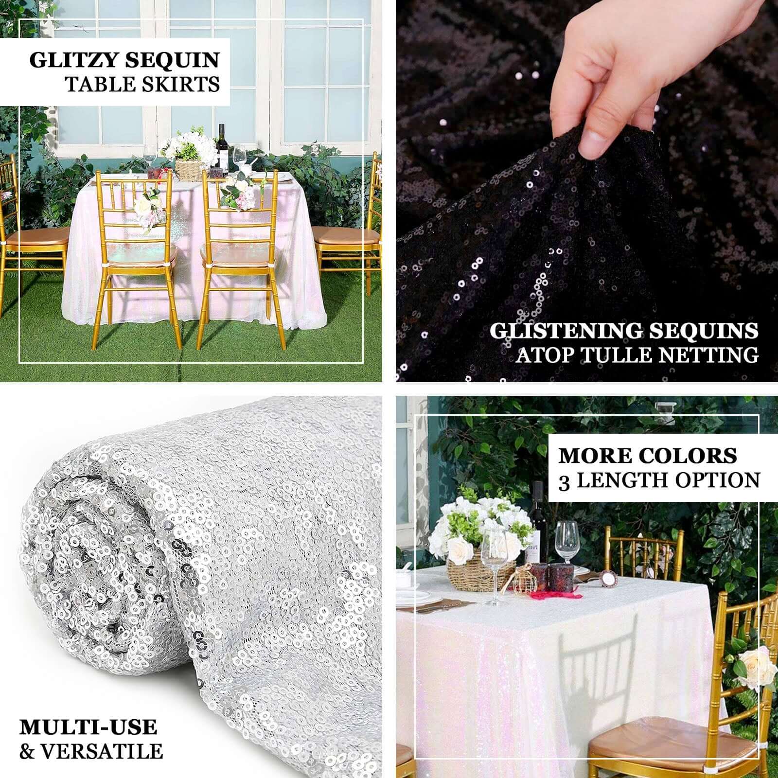 Sequin 14ft Table Skirt White Iridescent - Glitzy Design for Glamorous Celebrations