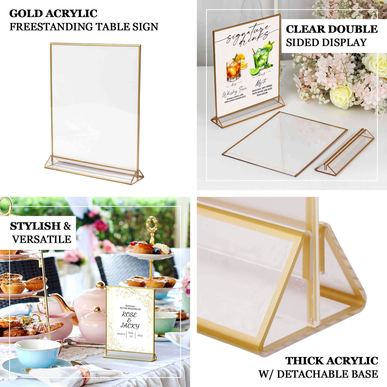 6-Pack Gold Acrylic Rectangular Frame Sign Holders Clear Double-Sided Display with White Cardboard - Suitable for Banquets 9"x11"