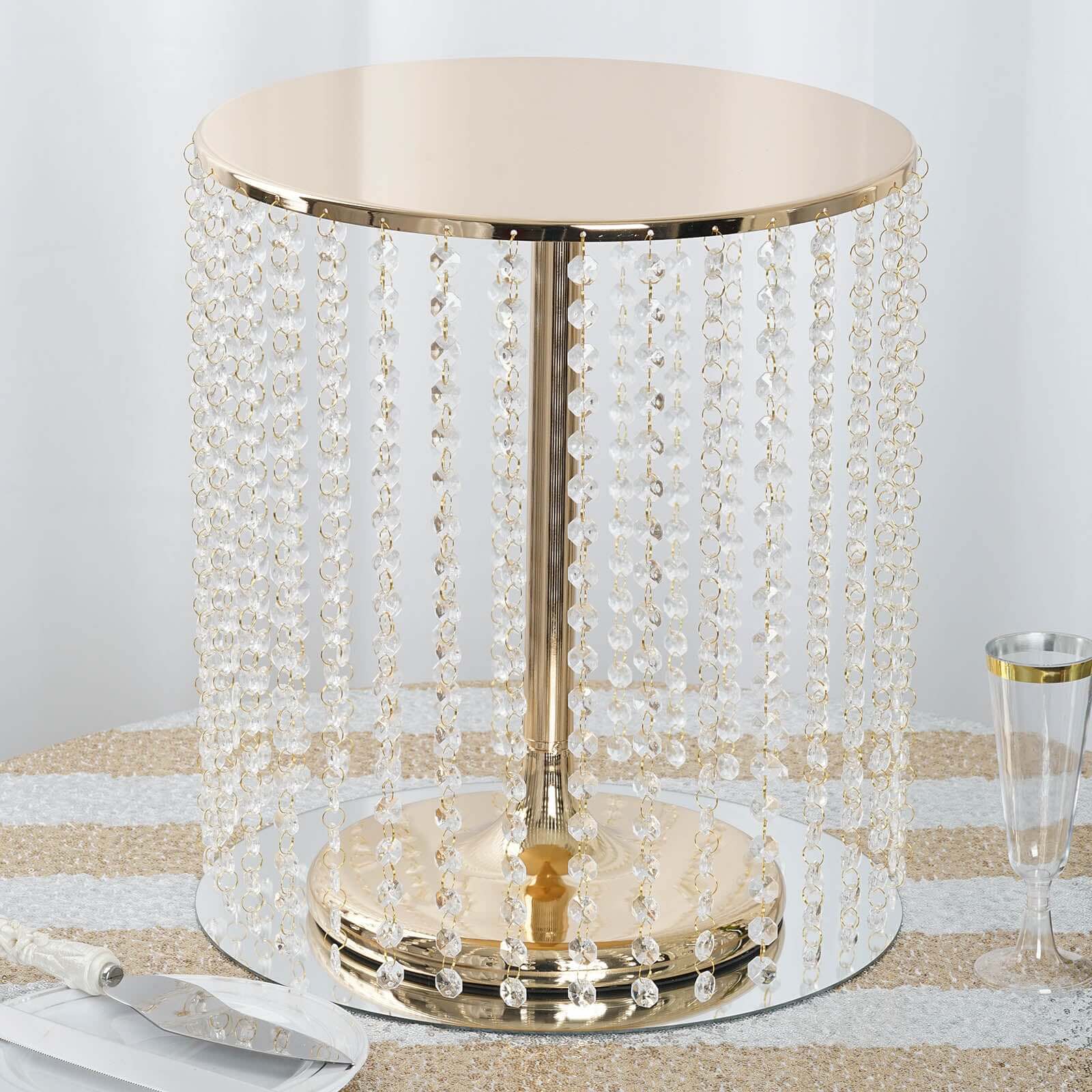 Metal Cake Stand Round Design Metallic Gold with Crystal Chains 14" Dia - Cupcake Dessert Pedestal 16"Tall