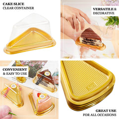 50-Pack Plastic Cake Slice Favor Containers Gold/Clear - Chic Individual Cheesecake Pie Party Favor Boxes with Lid for Events & Catering 6"x4.5"x2.5"