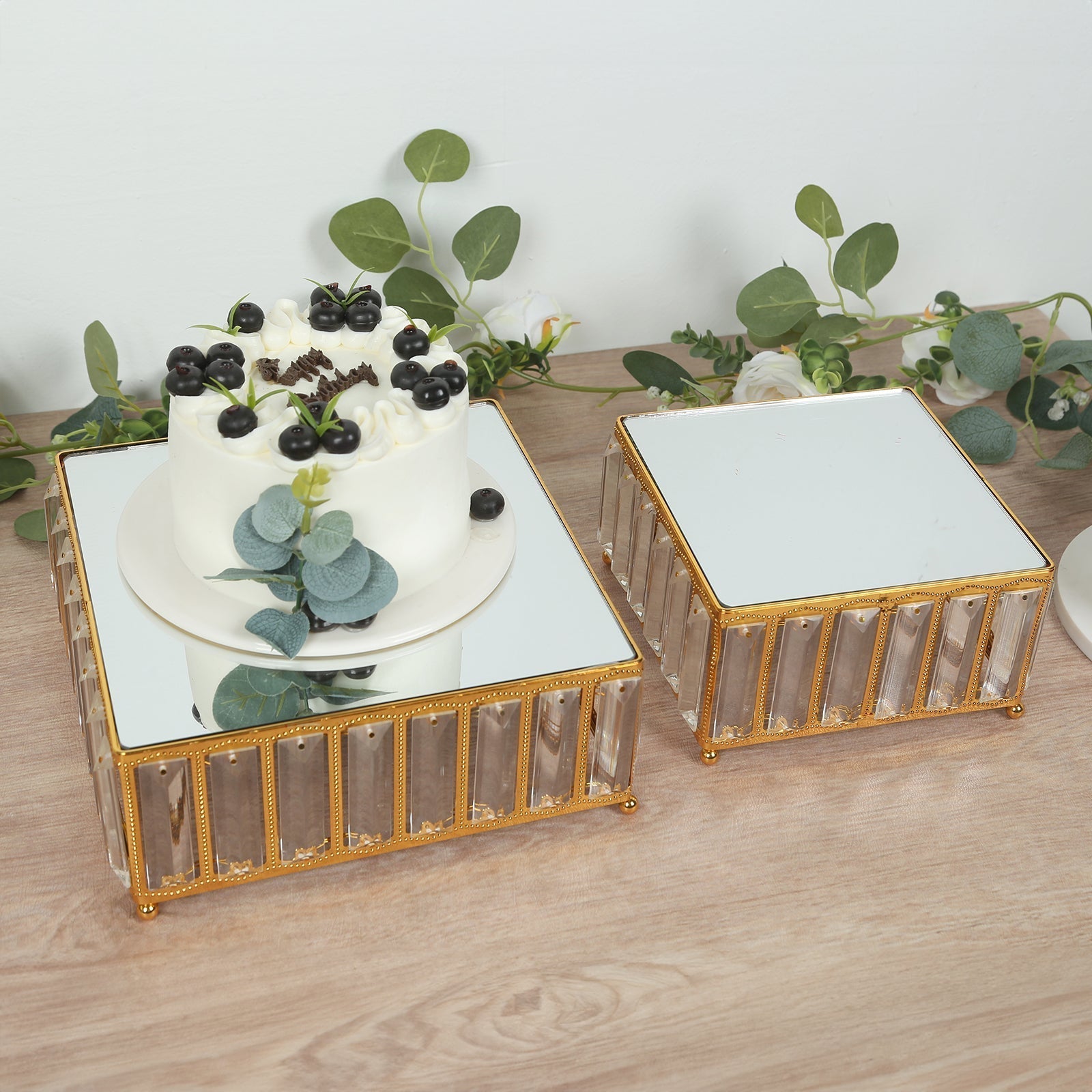 Set of 3 Gold Metal Crystal Pendant Cake Stands with Mirror Top, Stackable Square Dessert Display Trays - 7",10",12"