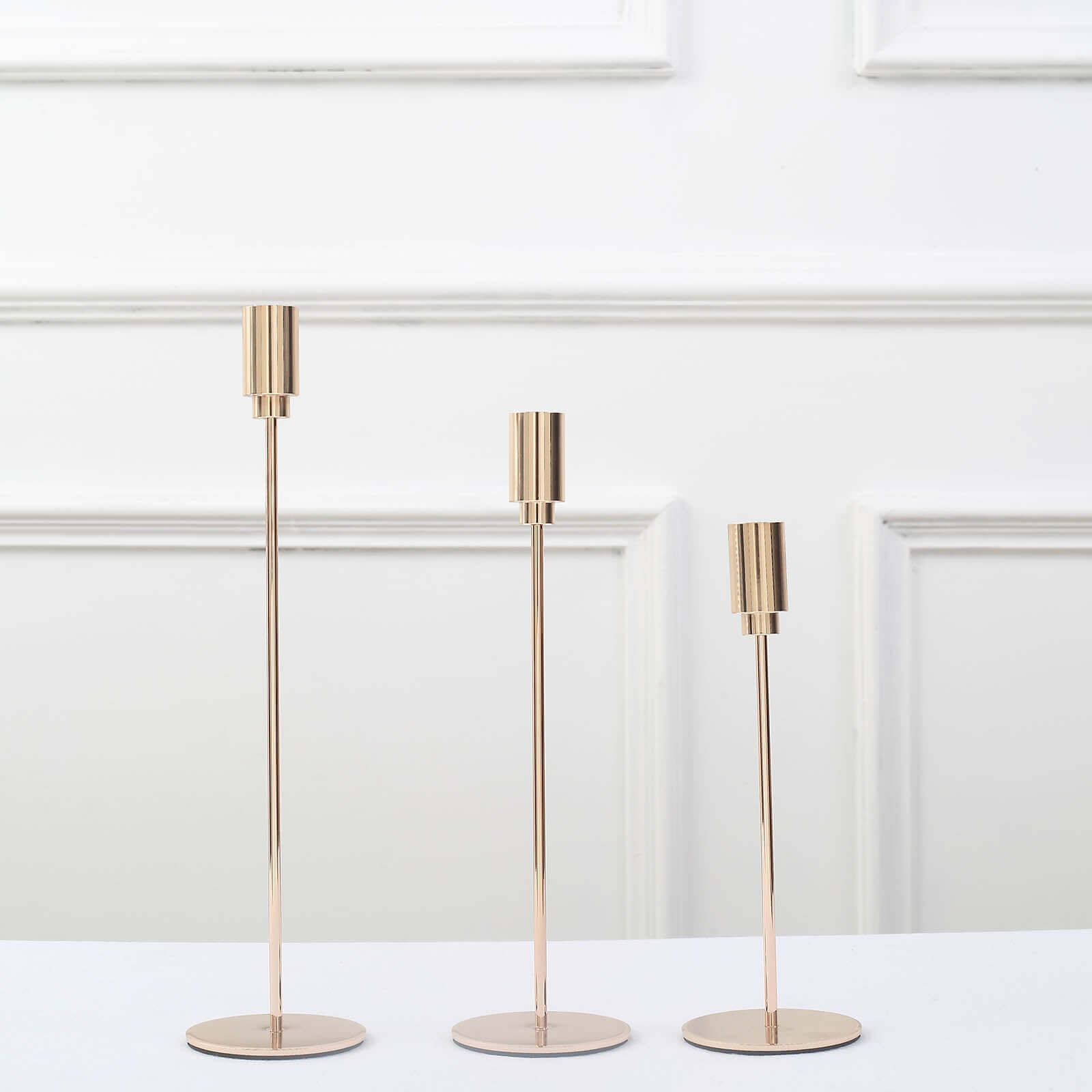 Set of 3 Taper Candle Stands Gold Metal Decorative Round Base Design - Wedding Table Accents 9", 10", 13"