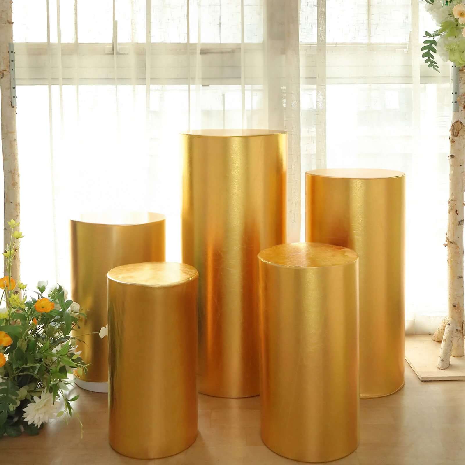 Set of 5 Metallic Gold Spandex Cylinder Pedestal Stand Covers, Shiny Stretchable Pillar Prop Covers - 130 GSM