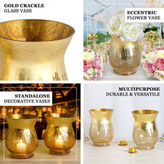 2-Pack Glass Hurricane Vases Bell Shaped Crackle Gold Curvy Design - Stylish Candle Holder Centerpieces 8"