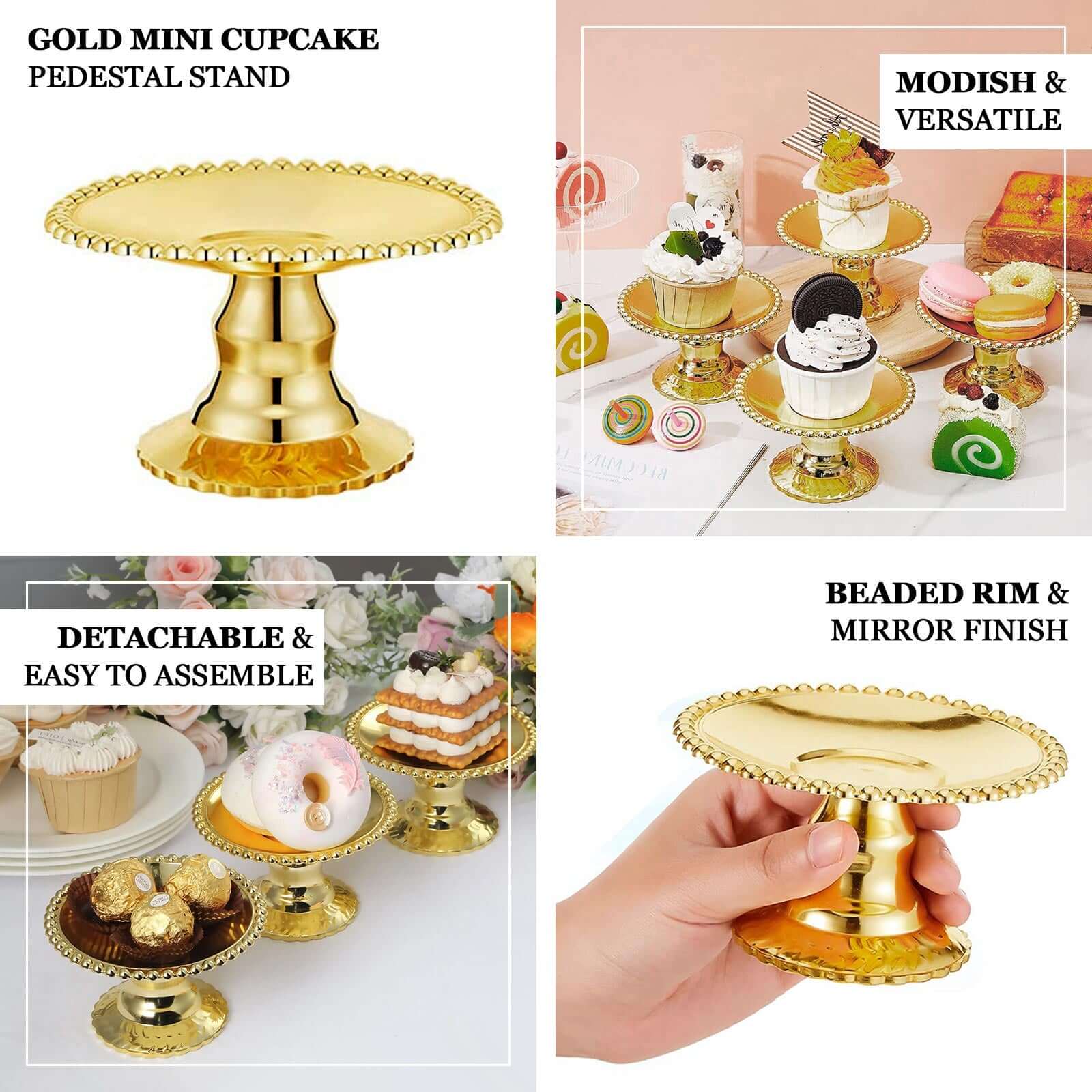 12-Pack Plastic Pedestal Cupcake Plates Mini Gold Mirror Finish Beaded Rim - Great for Displays 5"