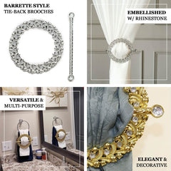 2 Pack 7" Gold Barrette Style Acrylic Crystal Curtain Tie Backs, Round Backdrop Drapery Brooch Holdbacks
