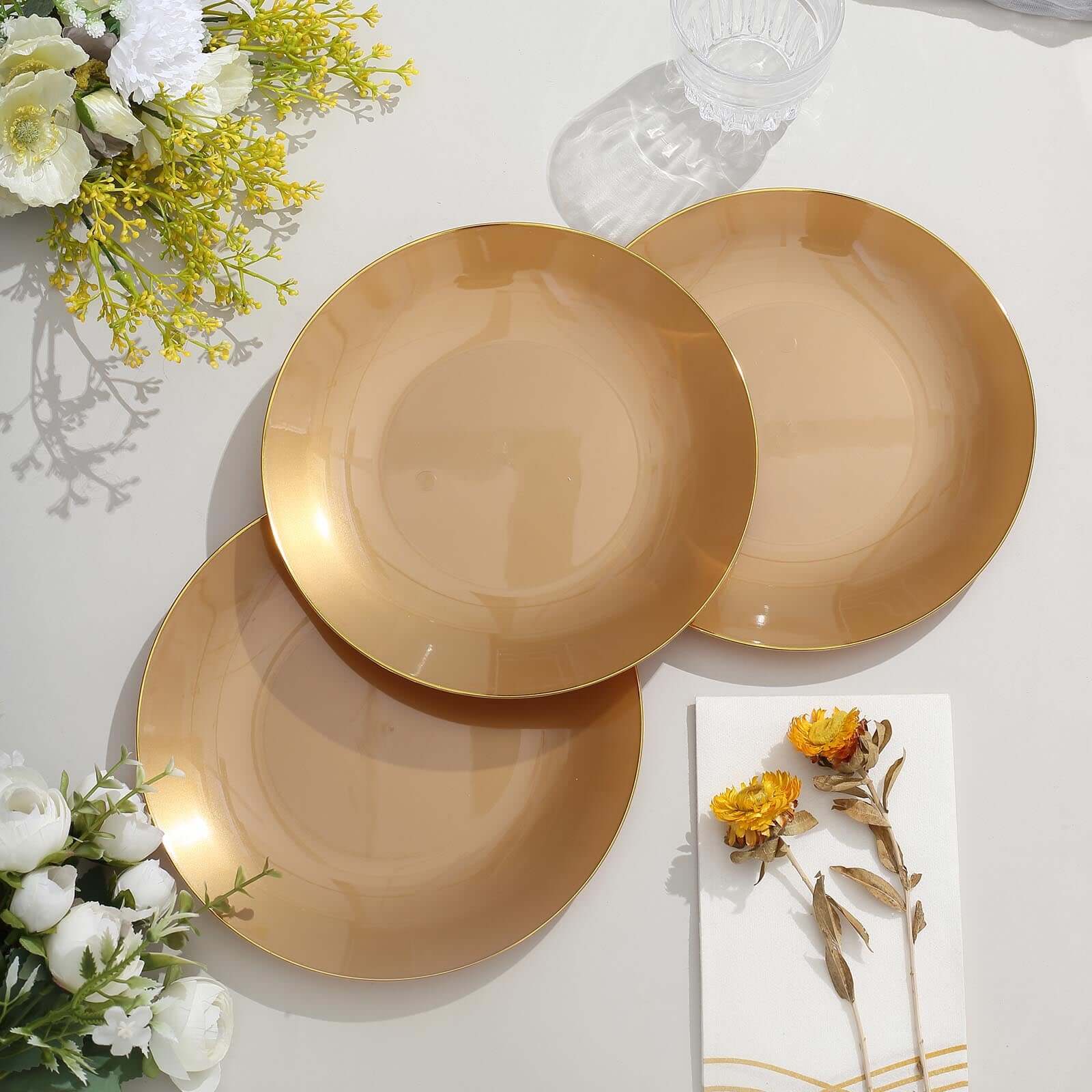 10-Pack Plastic 8" Round Dessert Plates in Gold with Gold Rim - Glossy Disposable Appetizer Salad Plates