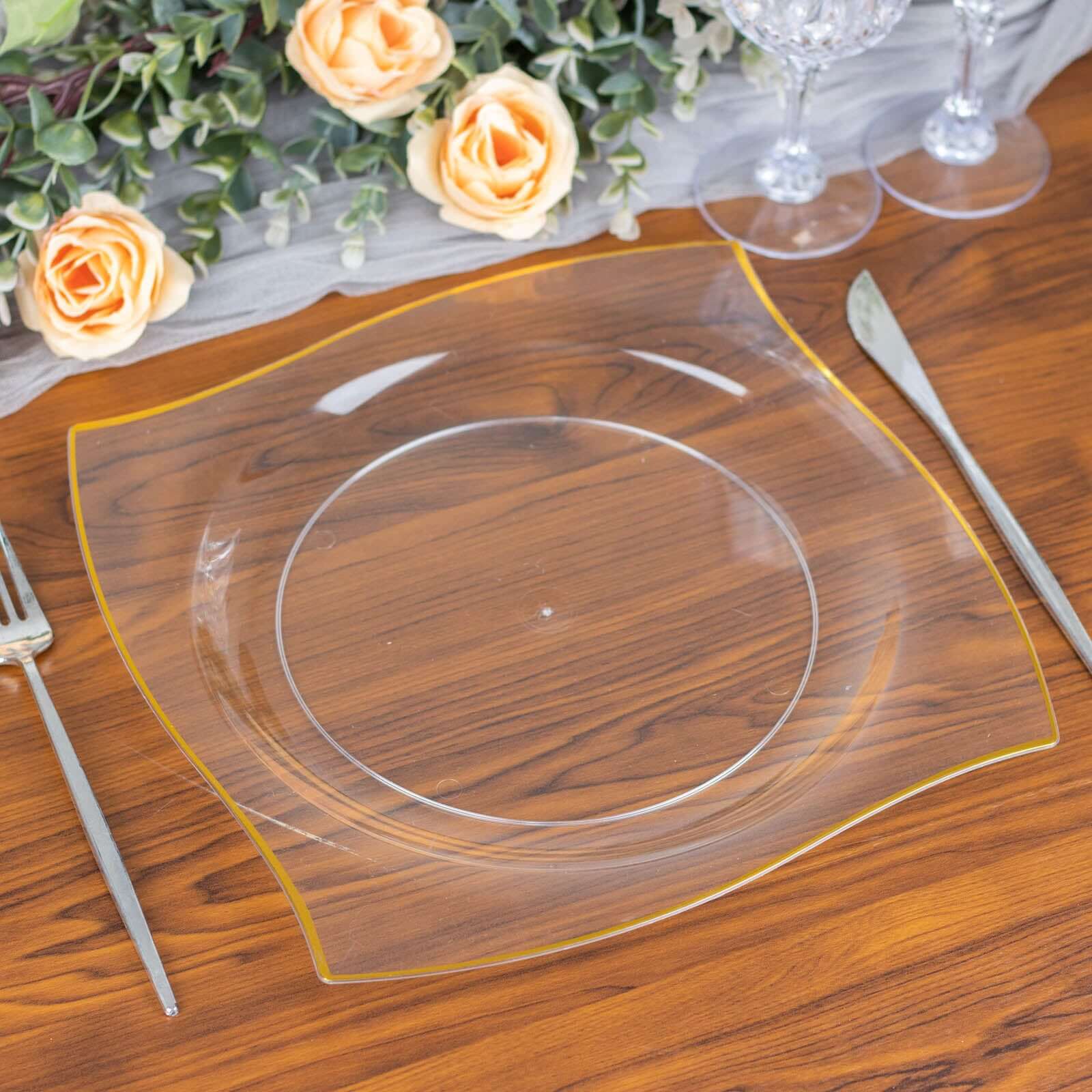 10-Pack Plastic 8" Square Dessert Plates in Clear with Gold Wavy Rim Modern - Disposable Salad Appetizer Party Plates