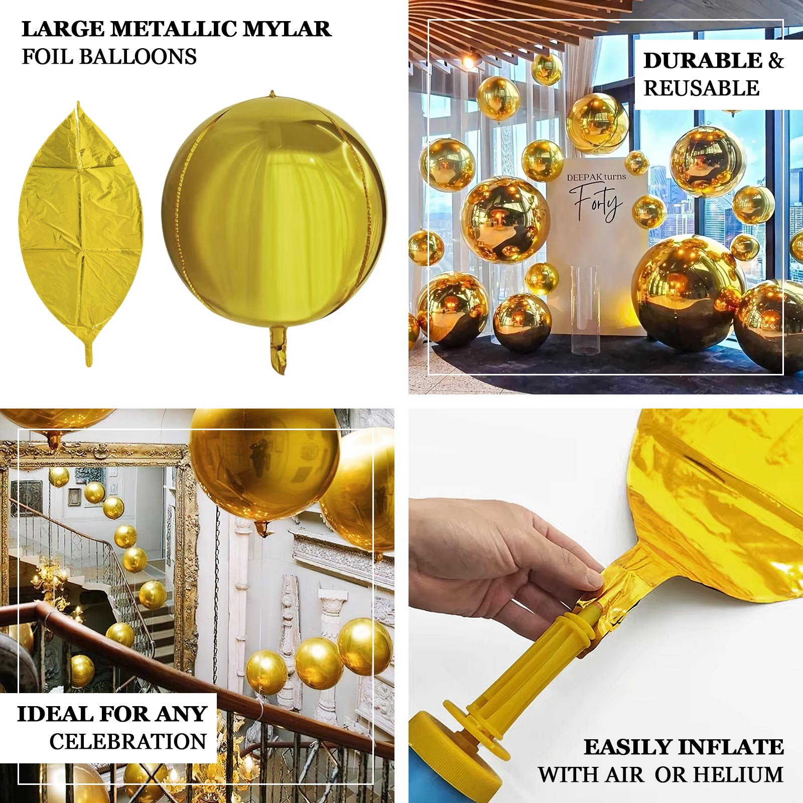 2-Pack Metallic Gold Sphere Balloons, 43" Orbz Mylar Balloons Helium or Air-Filled Party Supplies