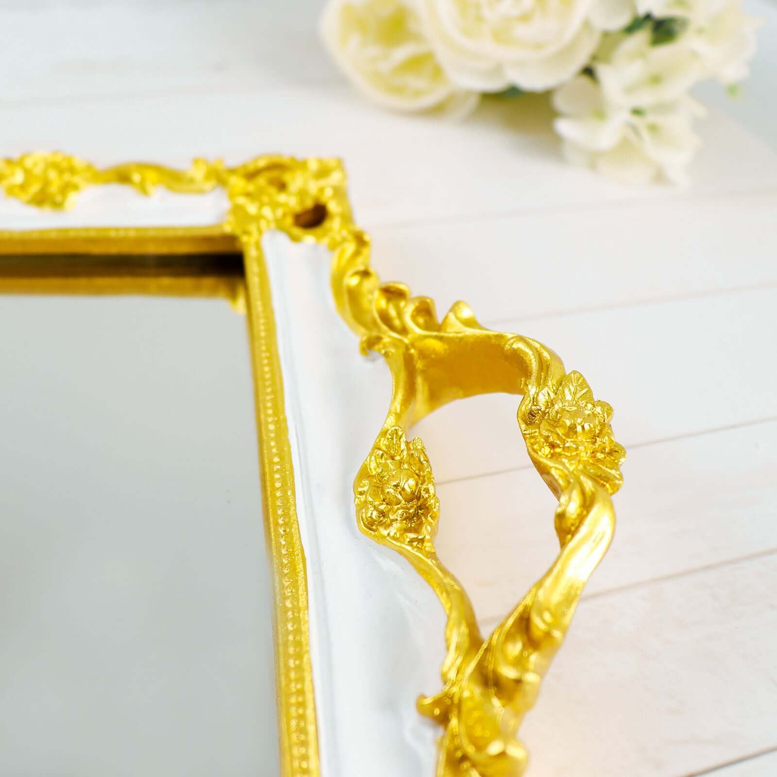 Resin Mirrored Rectangle Serving Tray 15"x10" in White with Gold Baroque Design, Stylish Decorative Vanity Tray Centerpiece