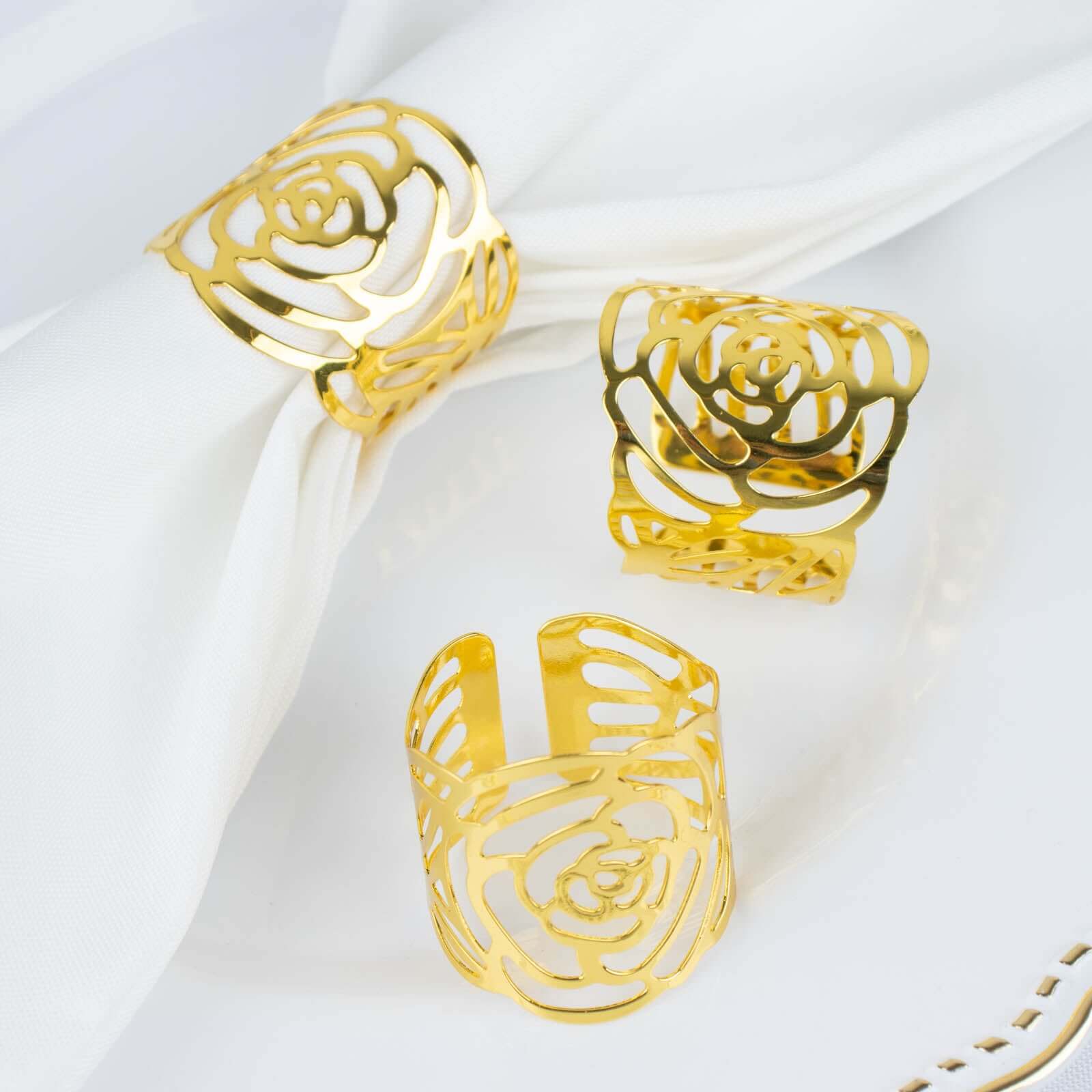 4 Pack Shiny Gold Laser Cut Rose Round Metal Napkin Rings, Decorative Flower Napkin Holders