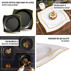 10-Pack Plastic 10" Square Dinner Plates in White with Gold Wavy Rim Modern - Disposable Party Plates for Luxe Events & Banquets