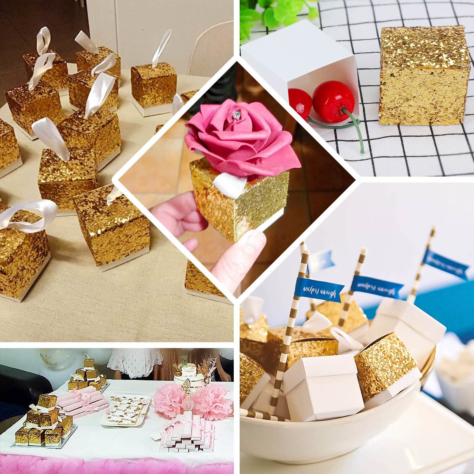 25 Pack 2" Gold Sequin Glitter Party Favor Boxes With White Ribbon Loop, Wedding Favor Gift Boxes, Candy Cases
