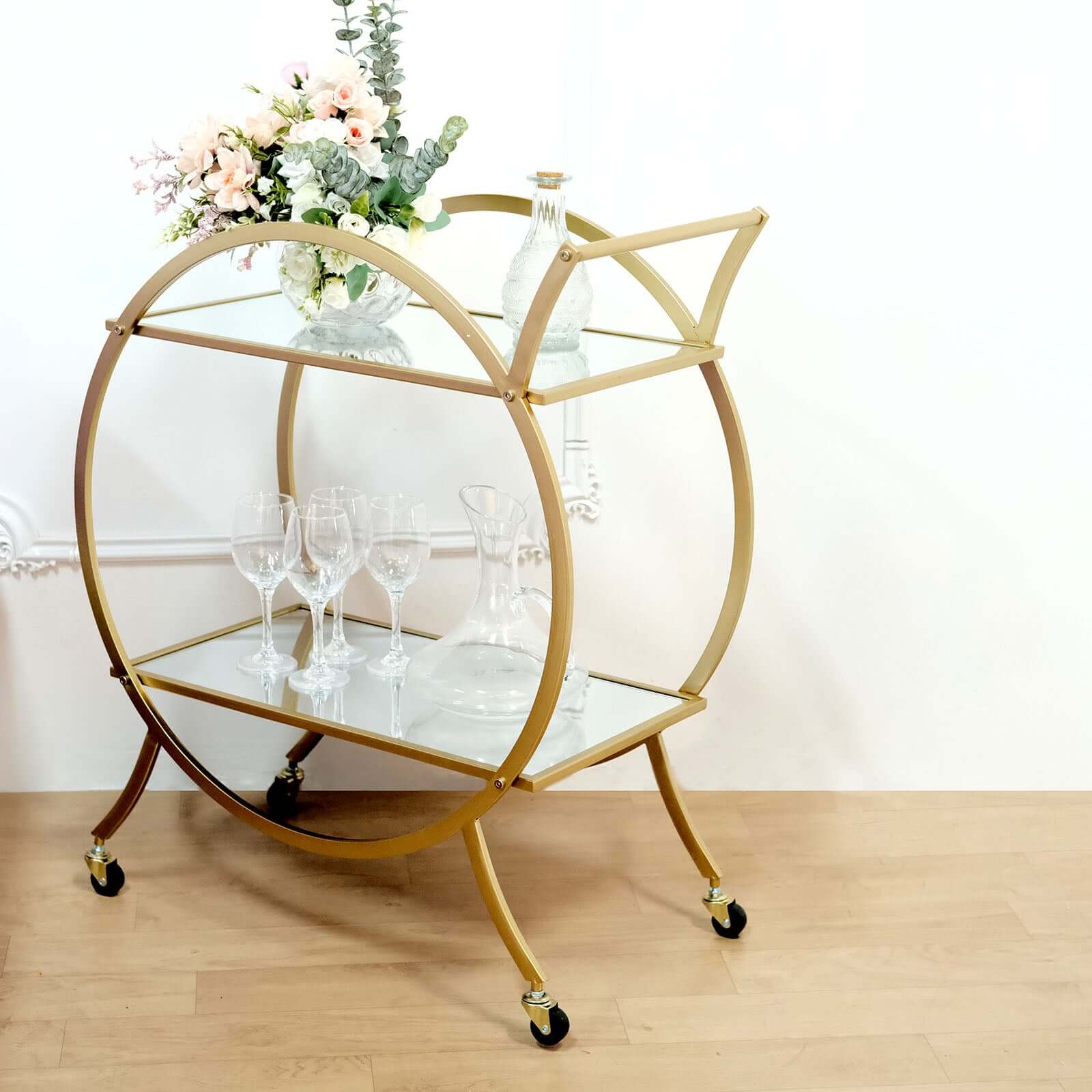 Gold Metal Bar Cart with Mirror Serving Tray 2-Tier - Round Teacart Island Trolley for Events 2.5ft