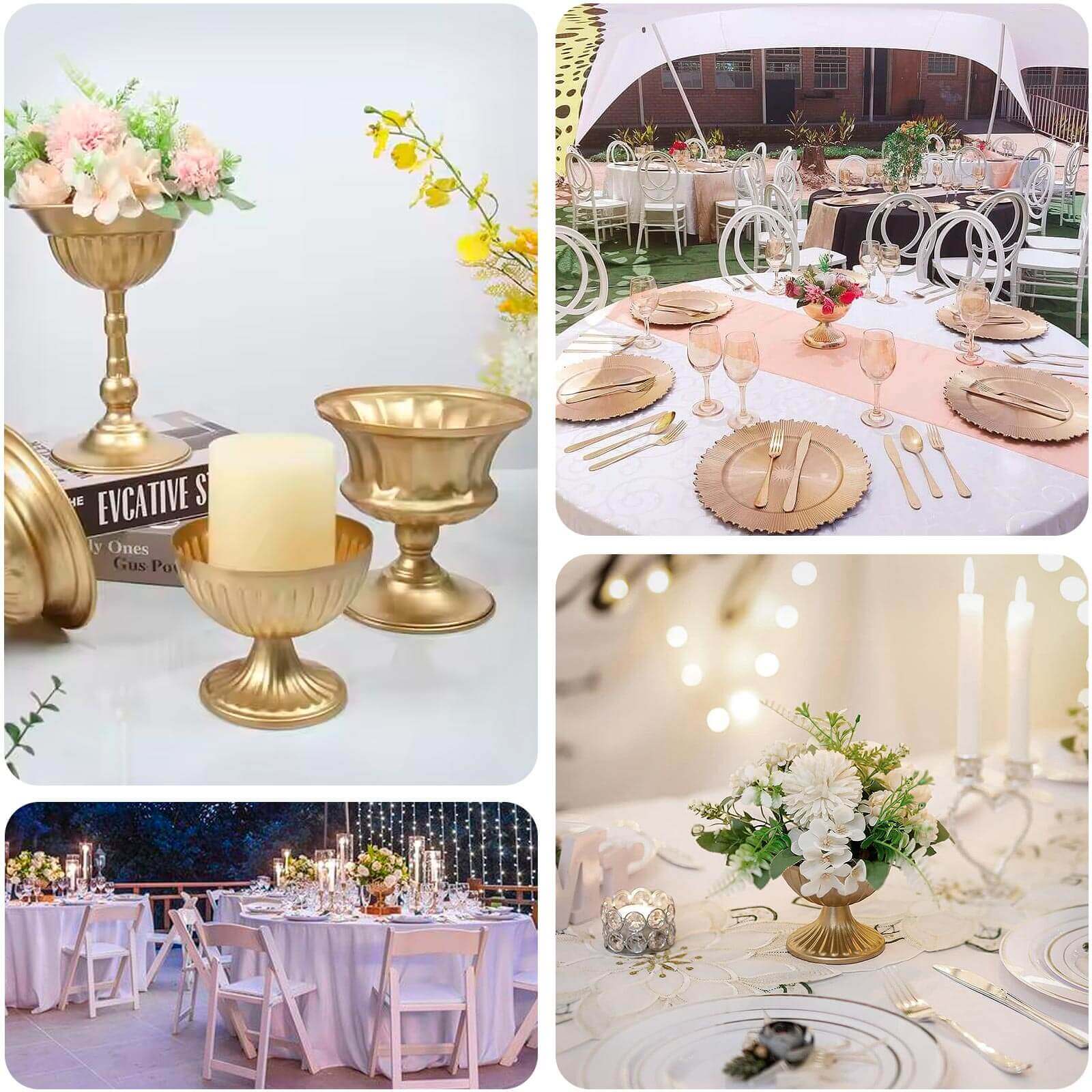 2-Pack Metal Pedestal Flower Vases Ribbed Bowl Style Gold - Antique Mini Compote Vase for Sophisticated Wedding Centerpieces 4"