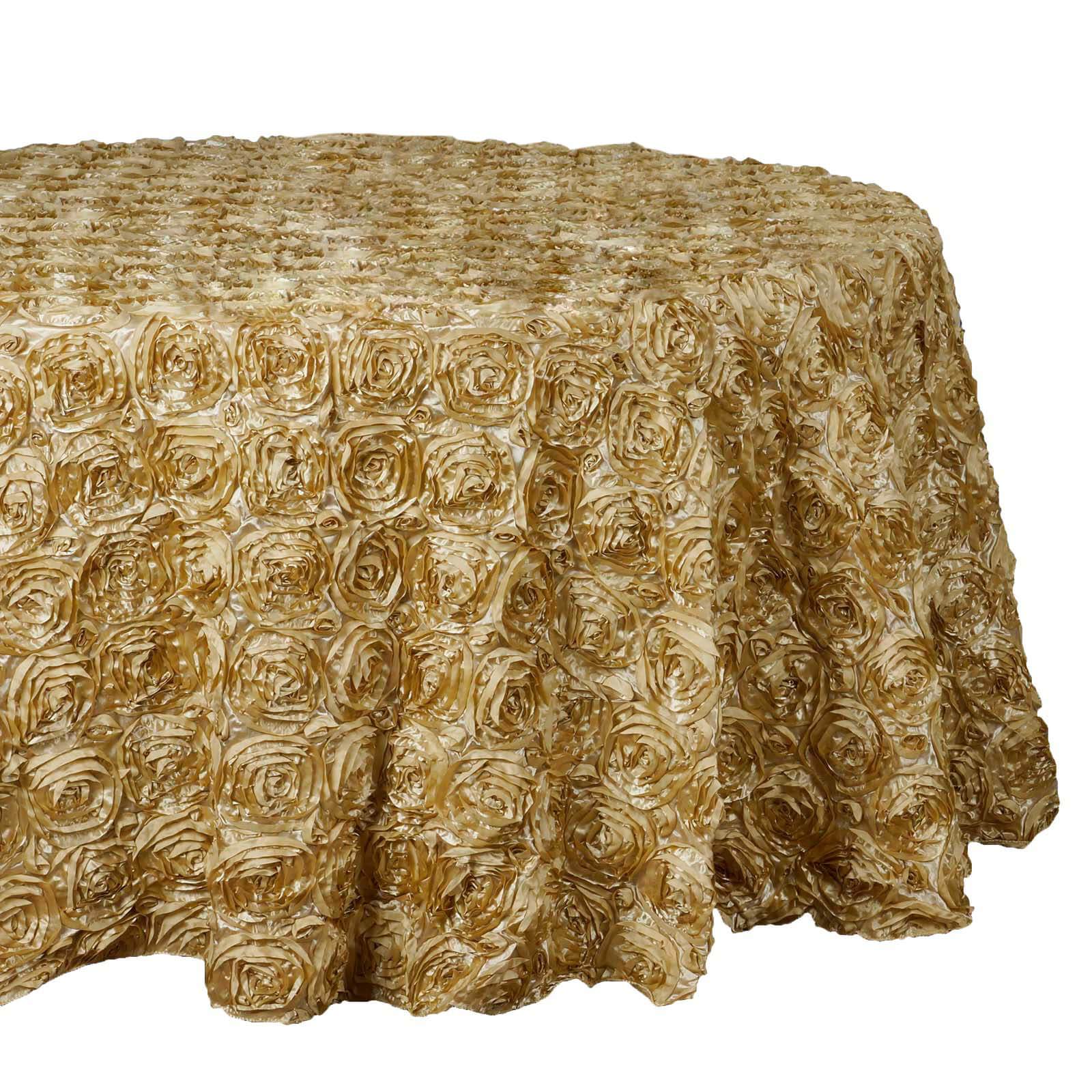 Satin 132" Round Tablecloth Champagne - Seamless Grandiose 3D Rosette Table Cover