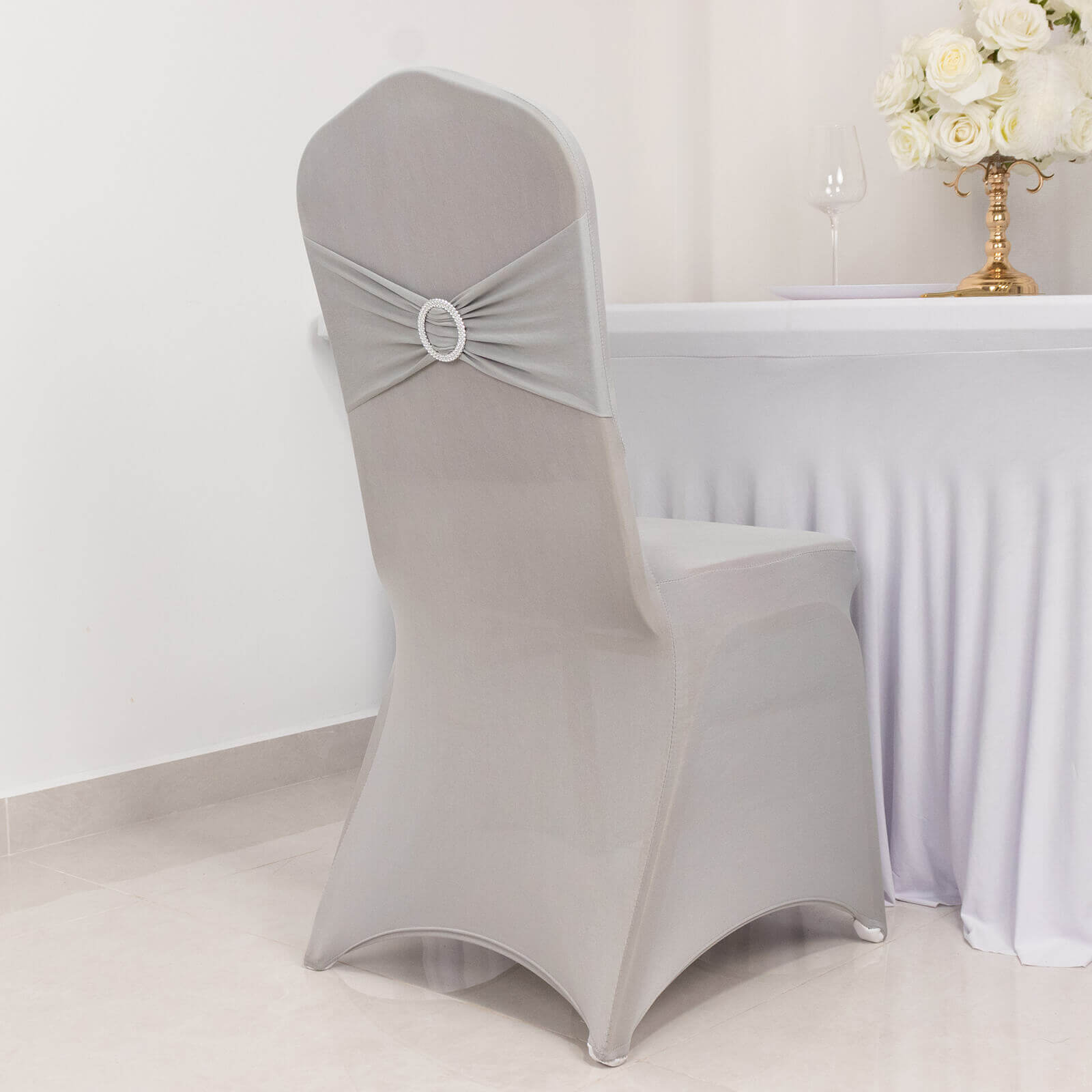 Spandex Chair Cover with Rhinestone Buckled Sash Band Silver - Stretch Fitted Slipcover