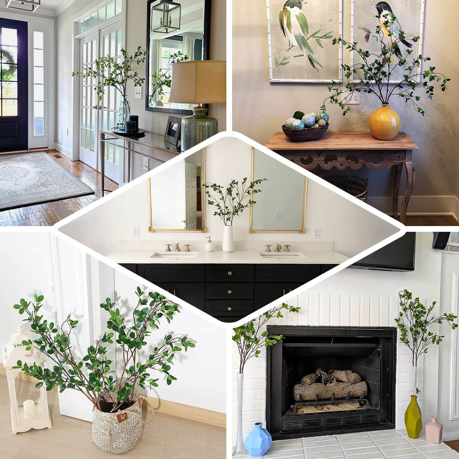 3 Pack 43" Artificial Green Petal Branches Leaf Spray, Faux Leaf Branches