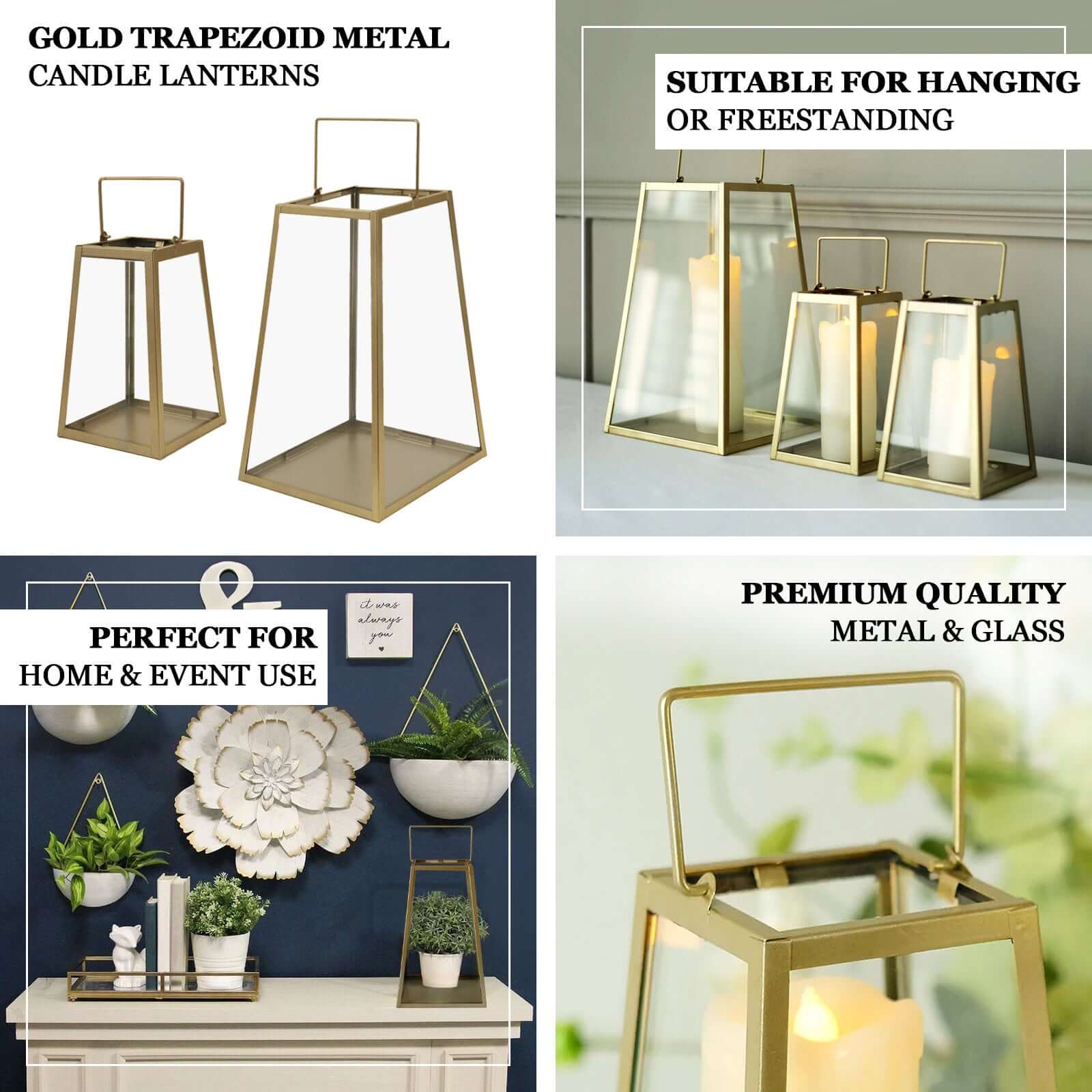 Metal Candle Lantern Trapezoid Geometric Design Gold - Hanging Terrarium Table Centerpiece for Indoor/Outdoor 10"