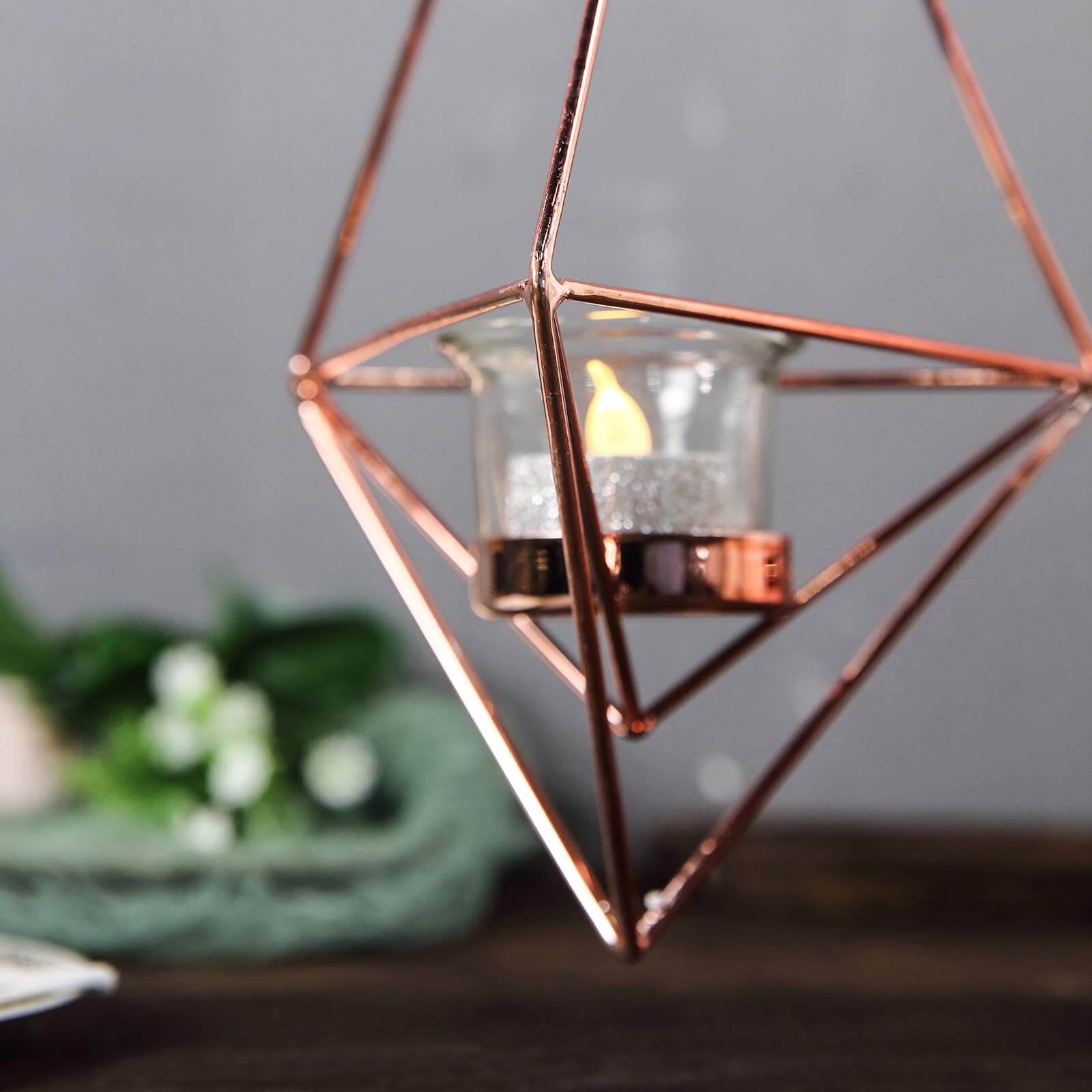 Set of 2 Hanging Tealight Candle Holders Rose Gold Metal Diamond Geometric Open Frame - Flower Terrariums 12", 15"