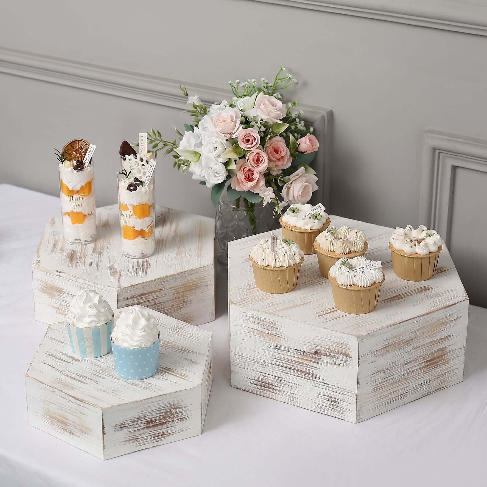 Set of 3 Wooden Dessert Display Boxes Whitewashed Hexagonal Design - Stackable Riser Cake Stand 9", 11", 13"